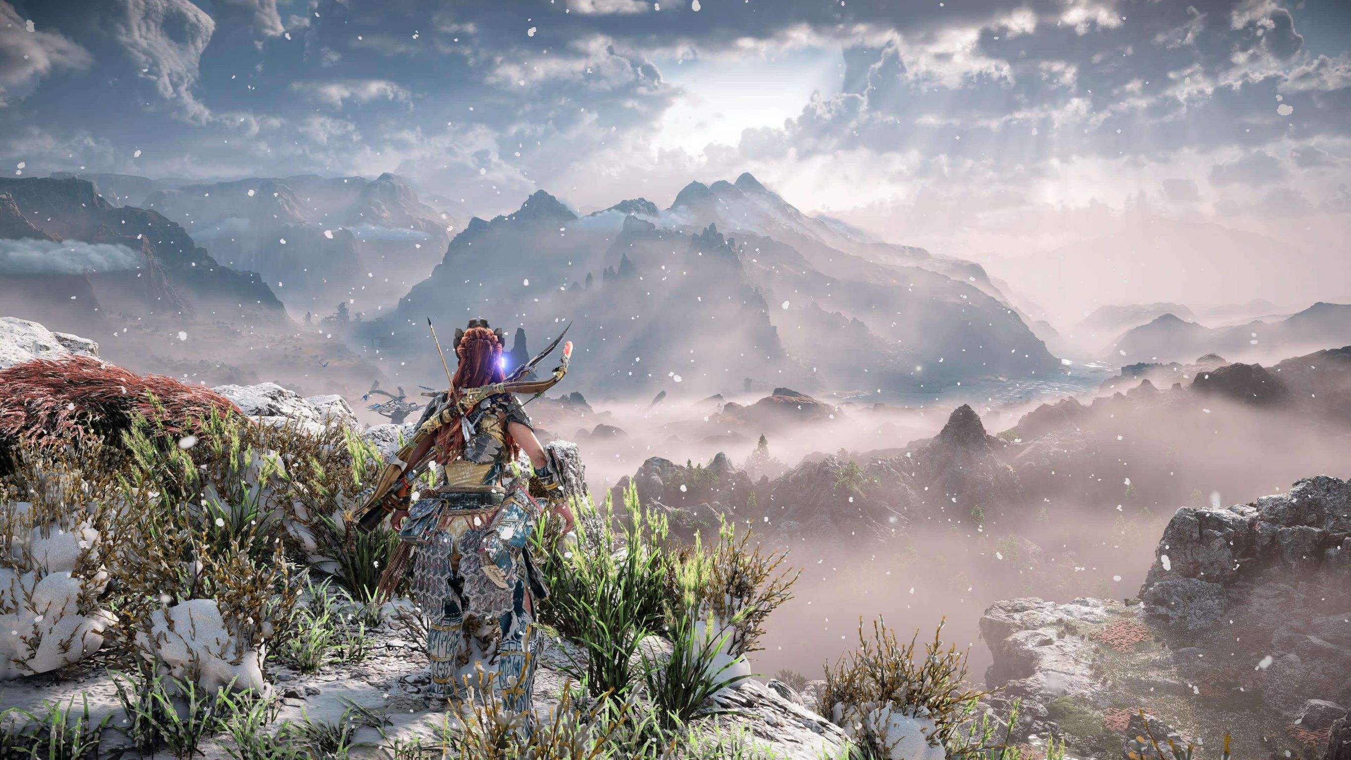 Horizon games heroine, Aloy, standing in woods at dusk