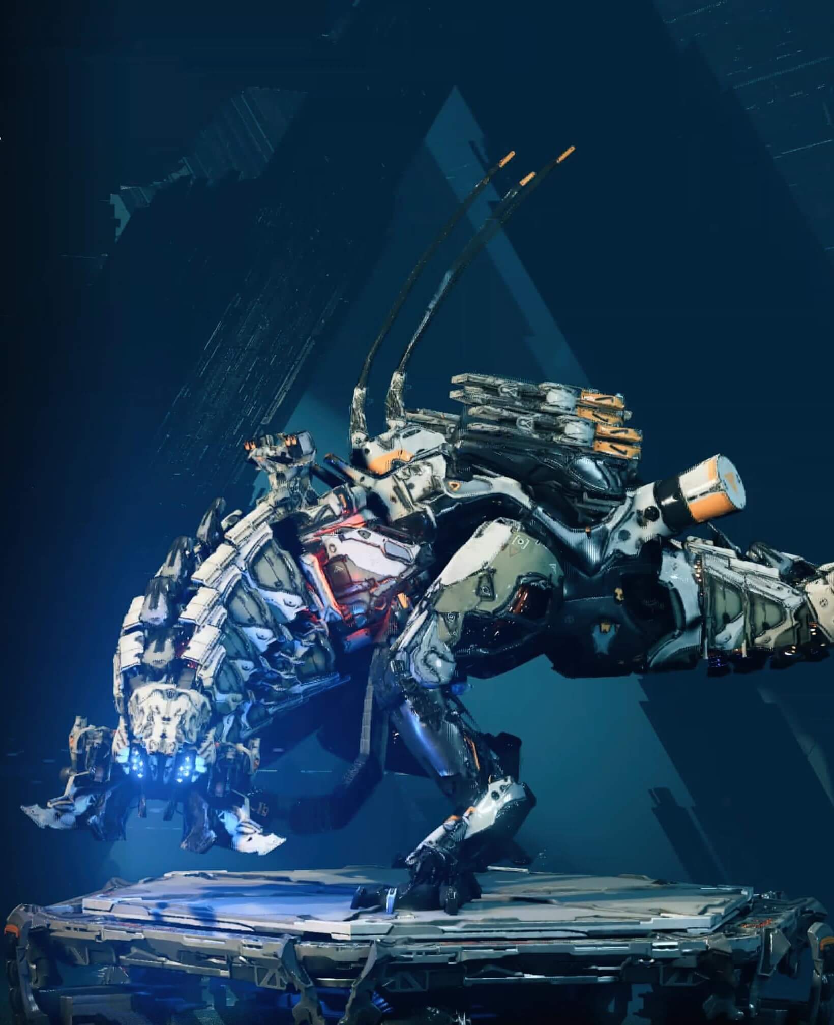 A Thunderjaw machine, resembling a robotic version of the extinct Tyrannosaurus Rex.